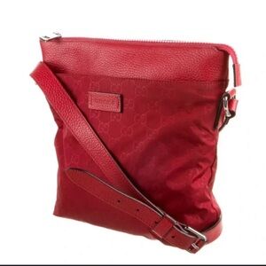 GUCCI 
Nylon Monogram Dollar Calfskin Flat Messenger Bag Vibrant Red